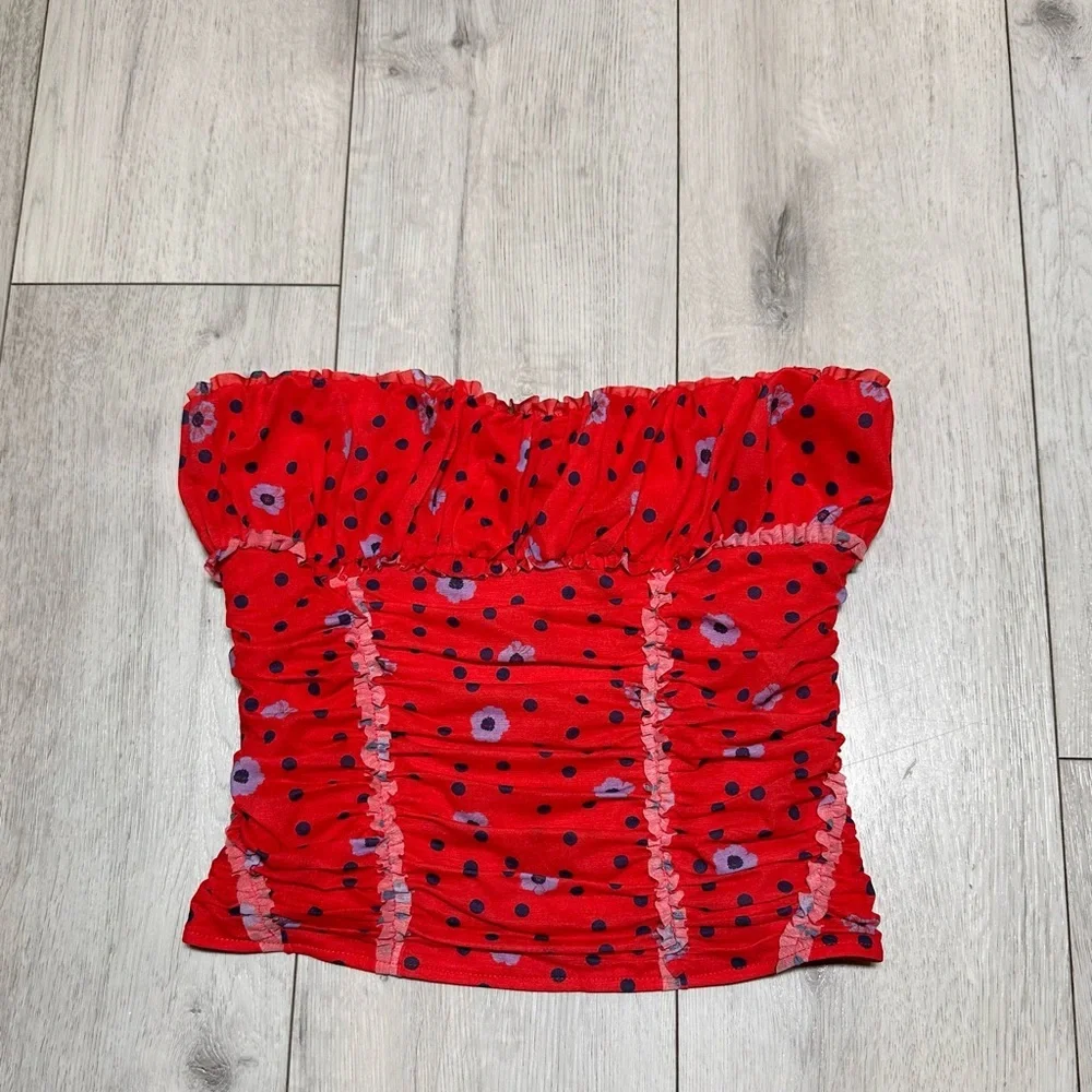 New With TagsFree People Hot Red Polka-dot Floral Ruched Crop Top